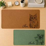 Pet Lovers,Pet Mom,Pet Dad,Pet Couple,Photo - Pencil Sketch,Adorable - Custom Photo Bold Sketch Portrait Dog Cat With Name - Personalized Leather Desk Mat