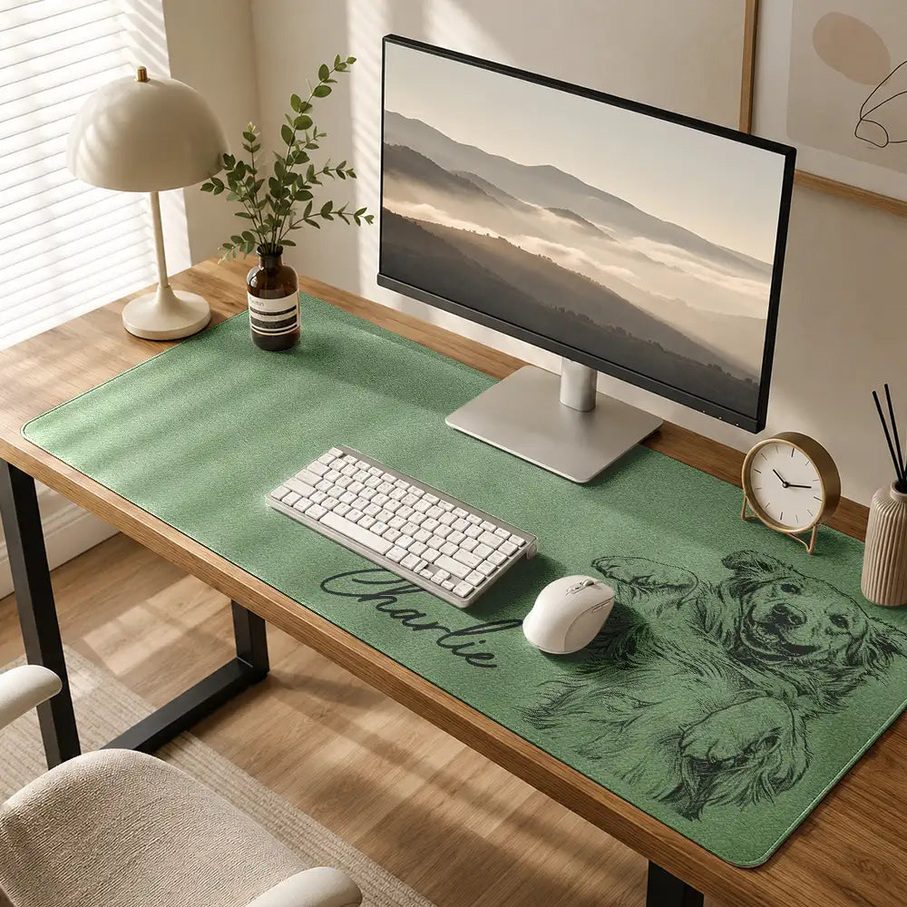 Pet Lovers,Pet Mom,Pet Dad,Pet Couple,Photo - Pencil Sketch,Adorable - Custom Photo Bold Sketch Portrait Dog Cat With Name - Personalized Leather Desk Mat