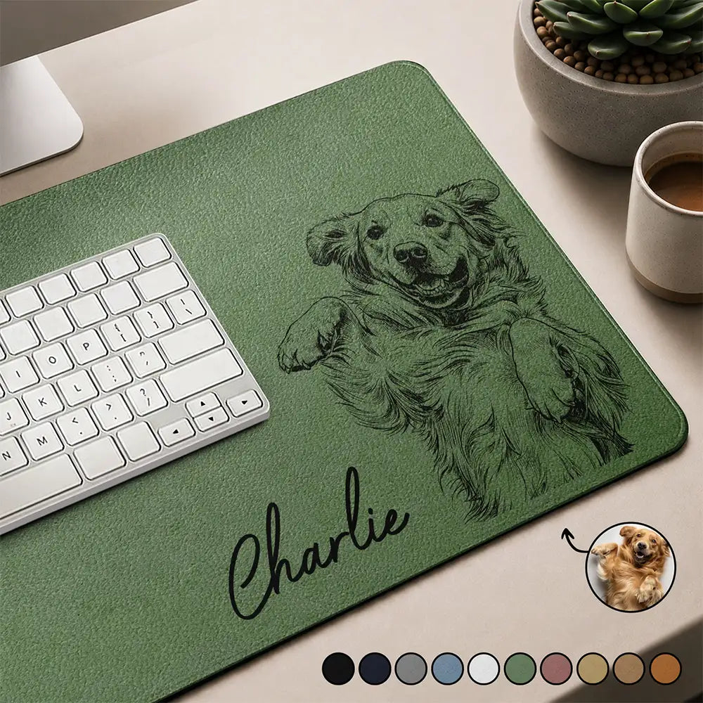 Pet Lovers,Pet Mom,Pet Dad,Pet Couple,Photo - Pencil Sketch,Adorable - Custom Photo Bold Sketch Portrait Dog Cat With Name - Personalized Leather Desk Mat