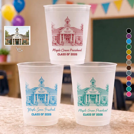 Custom Photo Pencil Sketch School Building Artwork - Personalized Frosted Cups