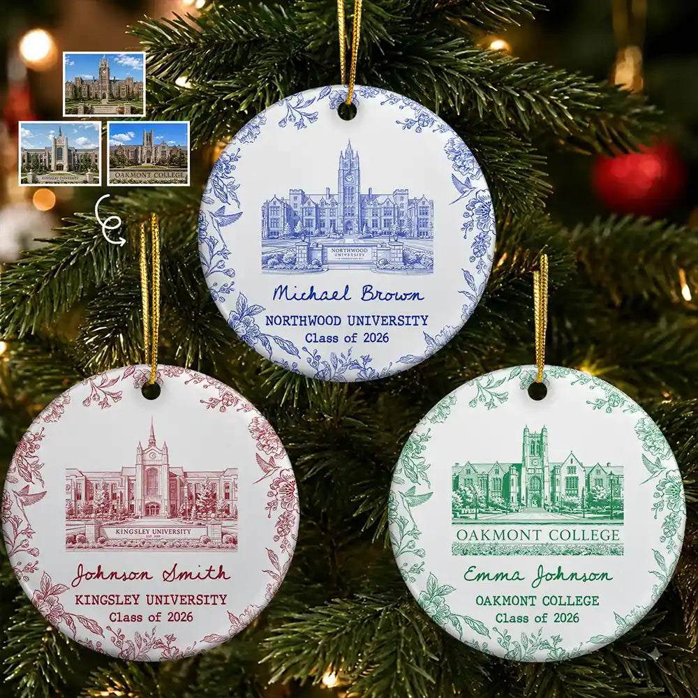 Art Design,Christmas,Proud,Graduation,Gift For Yourself,Gift For Women,Photo - Pencil Sketch - Remove BG (For Landscape) - Custom Photo Pencil Sketch School Landmark Graduation Keepsake - Personalized Circle Ceramic Ornament