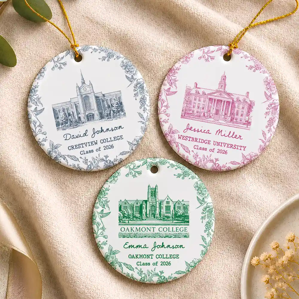 Art Design,Christmas,Proud,Graduation,Gift For Yourself,Gift For Women,Photo - Pencil Sketch - Remove BG (For Landscape) - Custom Photo Pencil Sketch School Landmark Graduation Keepsake - Personalized Circle Ceramic Ornament