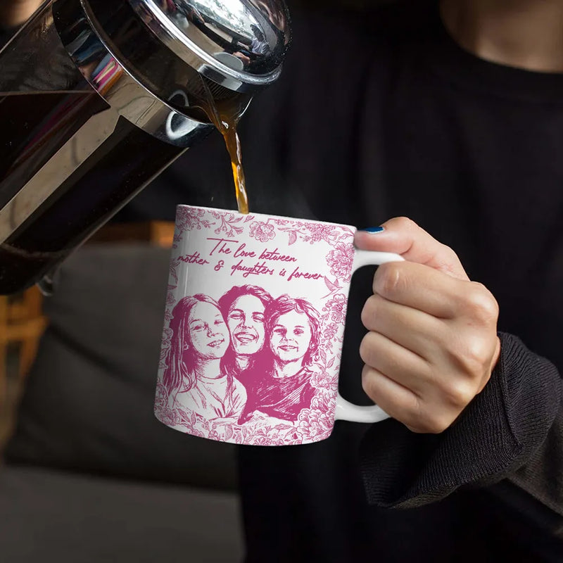 Gift For Mother, Gift For Grandma, Happy, Custom Photo - Custom Photo Pencil Sketch The Love Between Mother & Daughter Is Forever - Personalized White Edge-to-Edge Mug