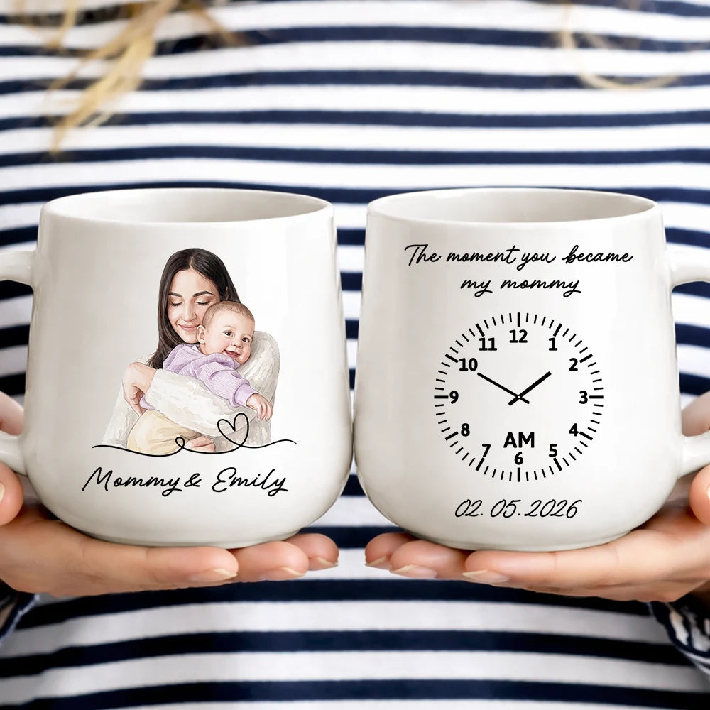 Custom Photo,New Baby,Art Design,Gift For Father,New Dad,Adorable,Photo - Pencil Sketch - Remove BG,Time-to-Clock - Custom Photo Pencil Sketch The Moment You Became My Mom Dad - Personalized Tapered Mug