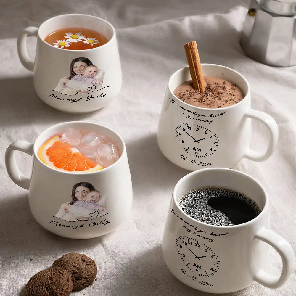 Custom Photo,New Baby,Art Design,Gift For Father,New Dad,Adorable,Photo - Pencil Sketch - Remove BG,Time-to-Clock - Custom Photo Pencil Sketch The Moment You Became My Mom Dad - Personalized Tapered Mug
