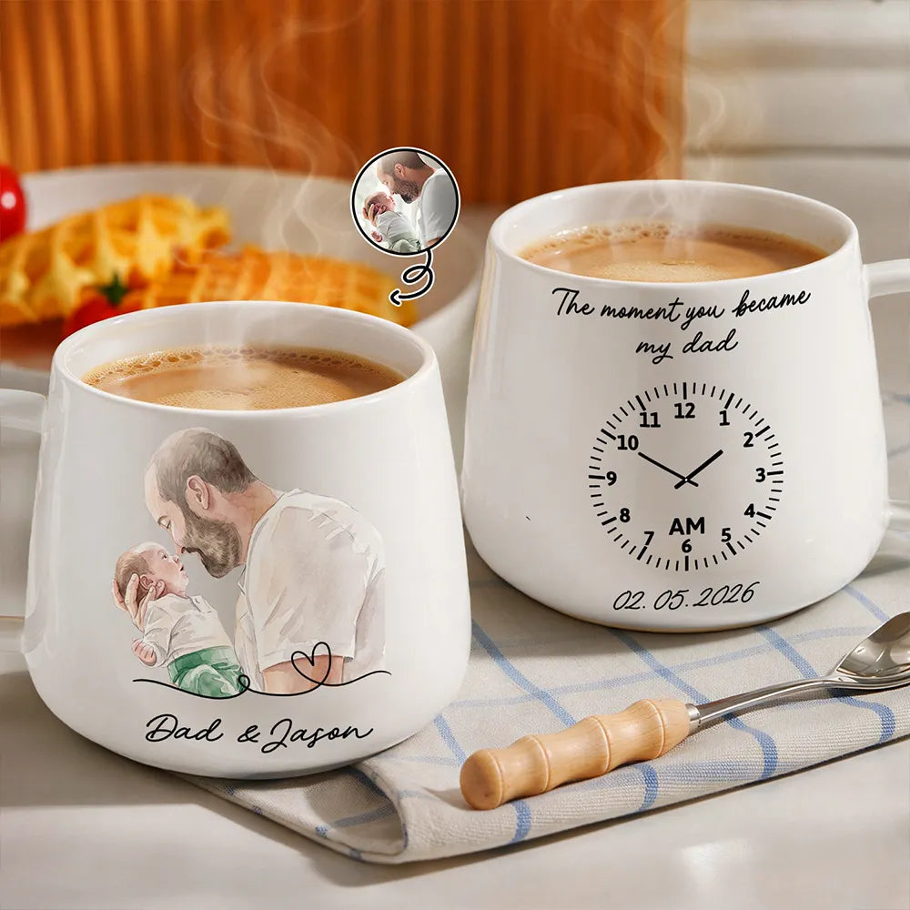 Custom Photo,New Baby,Art Design,Gift For Father,New Dad,Adorable,Photo - Pencil Sketch - Remove BG,Time-to-Clock - Custom Photo Pencil Sketch The Moment You Became My Mom Dad - Personalized Tapered Mug