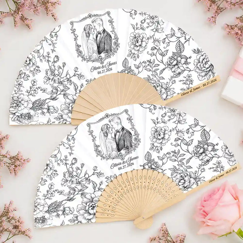 Grateful,Art Design,Gift For Bestie,Wedding,Photo - Pencil Sketch - Remove BG - Custom Photo Pencil Sketch Toile De Jouy Couple Wedding - Personalized Hand Folding Fans