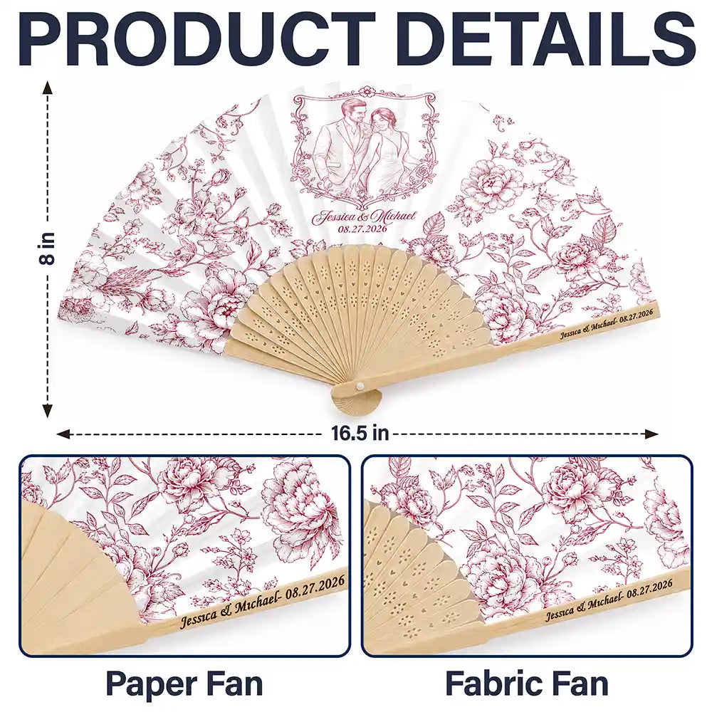 Grateful,Art Design,Gift For Bestie,Wedding,Photo - Pencil Sketch - Remove BG - Custom Photo Pencil Sketch Toile De Jouy Couple Wedding - Personalized Hand Folding Fans