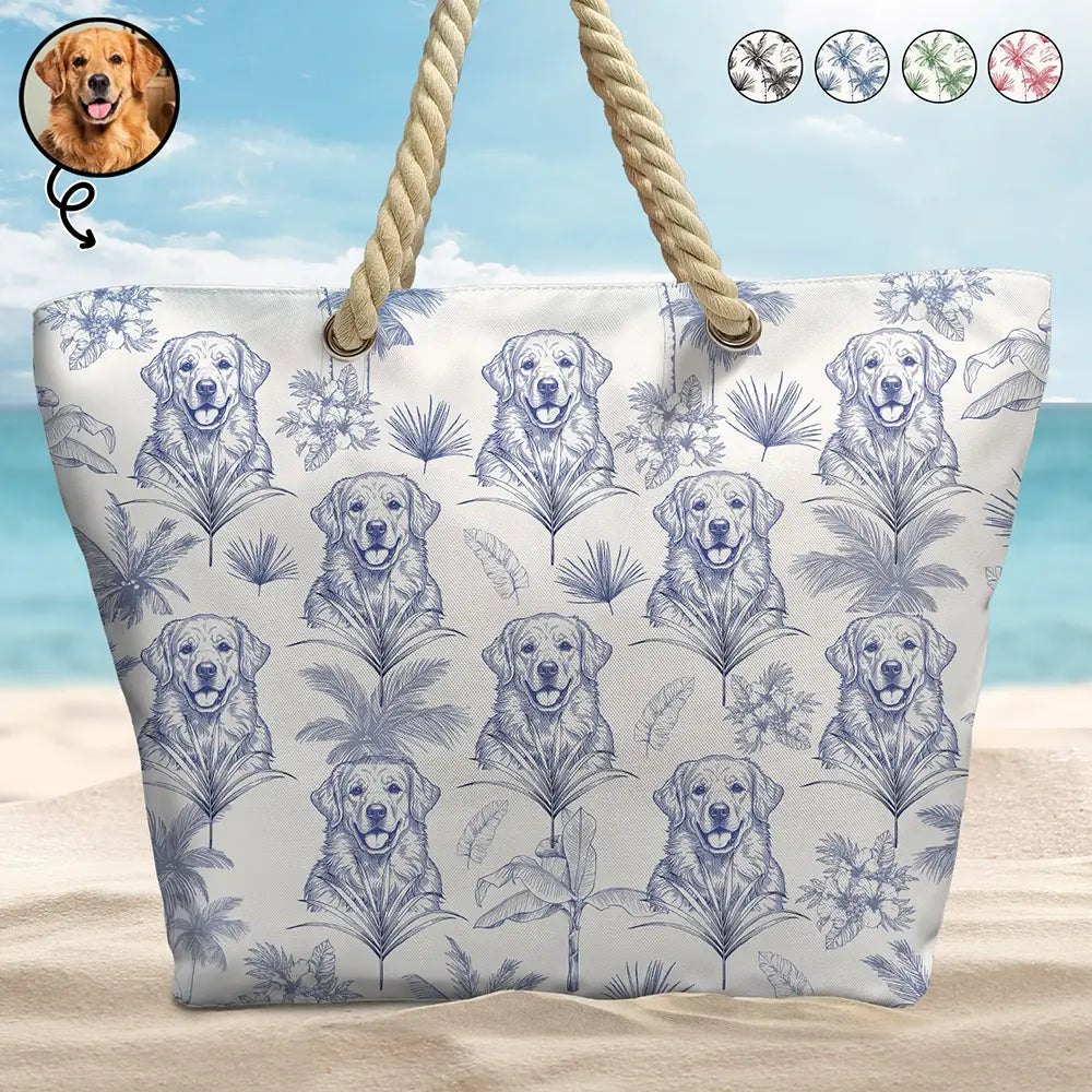 Custom Photo Pencil Sketch Toile De Jouy Pattern Family Pet - Personalized Beach Bag