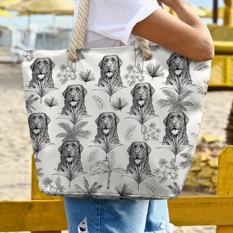 Custom Photo, Art Design, Summer, Pet Lovers, Playful, Photo - Pencil Sketch - Remove BG - Custom Photo Pencil Sketch Toile De Jouy Pattern Family Pet - Personalized Beach Bag