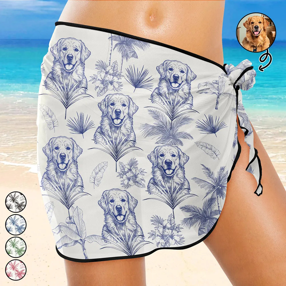 Custom Photo, Art Design, Summer, Pet Mom, Pet Lovers, Gift For Mother, Playful, Photo - Ink Drawing - Custom Photo Ink Drawing Toile De Jouy With Tropical Pattern - Personalized Short Sarong Swimwear Cover Ups