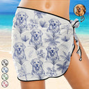 Custom Photo, Art Design, Summer, Pet Mom, Pet Lovers, Gift For Mother, Playful, Photo - Ink Drawing - Custom Photo Ink Drawing Toile De Jouy With Tropical Pattern - Personalized Short Sarong Swimwear Cover Ups