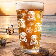 Custom Photo, Art Design, Summer, Pet Lovers, Playful, Photo - Pencil Sketch - Dark BG - Custom Photo White Pencil Sketch Art Toile De Jouy With Tropical Pattern - Personalized Beer Glass