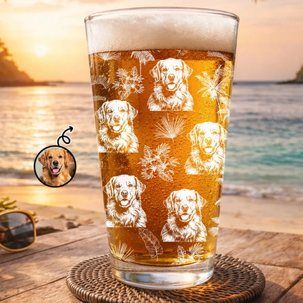 Custom Photo White Pencil Sketch Art Toile De Jouy With Tropical Pattern - Personalized Beer Glass