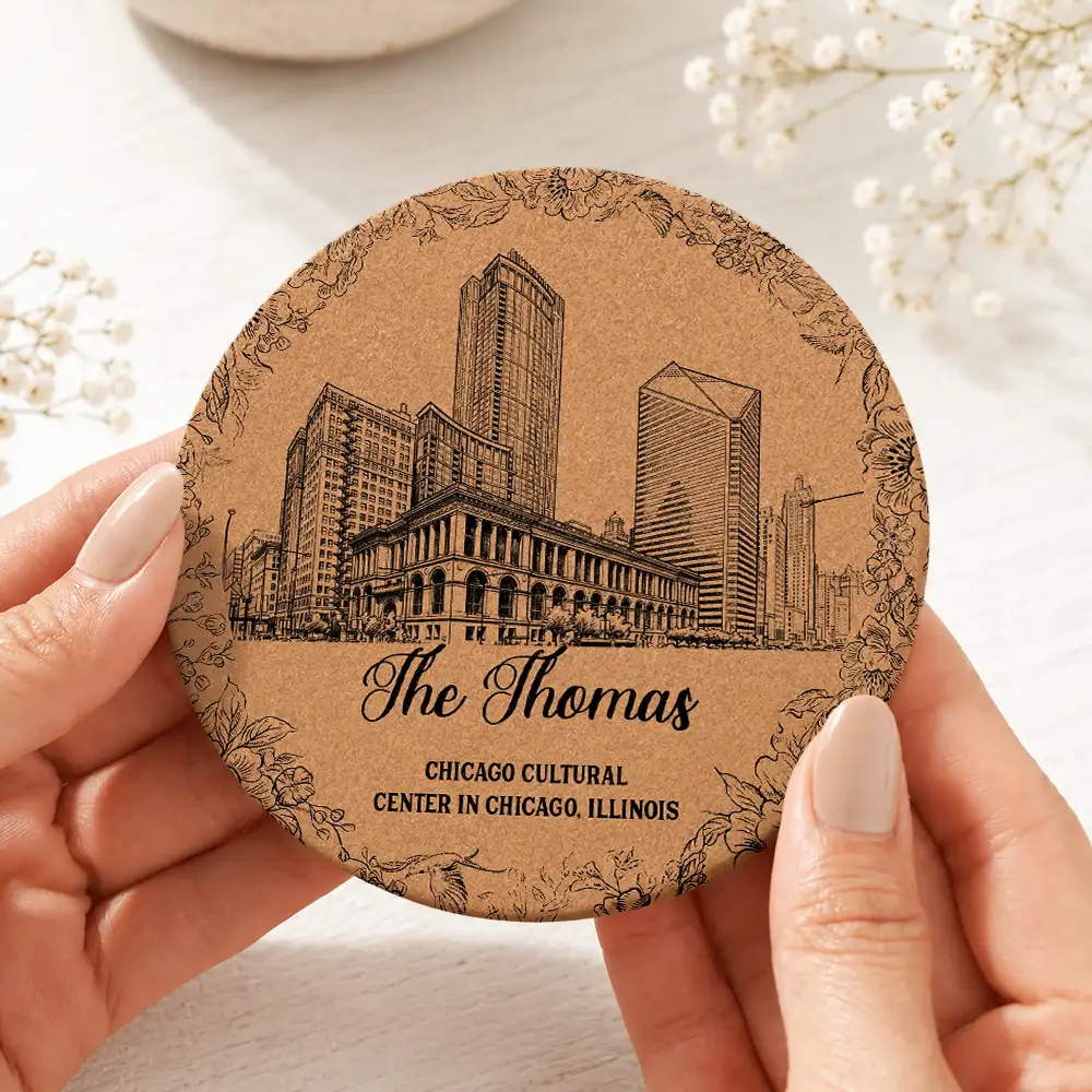 Art Design, Custom Photo, Romantic, Gift For Couples, Wedding, Photo - Pencil Sketch - Remove BG (For Landscape) - Custom Photo Pencil Sketch Wedding Venue Illustration - Personalized Cork Coaster
