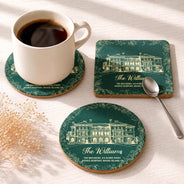Art Design, Custom Photo, Romantic, Gift For Couples, Wedding, Photo - Pencil Sketch - Remove BG (For Landscape) - Custom Photo Pencil Sketch Wedding Venue Illustration - Personalized Cork Coaster