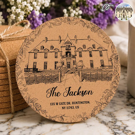 Custom Photo Pencil Sketch Wedding Venue Illustration - Personalized Cork Coaster
