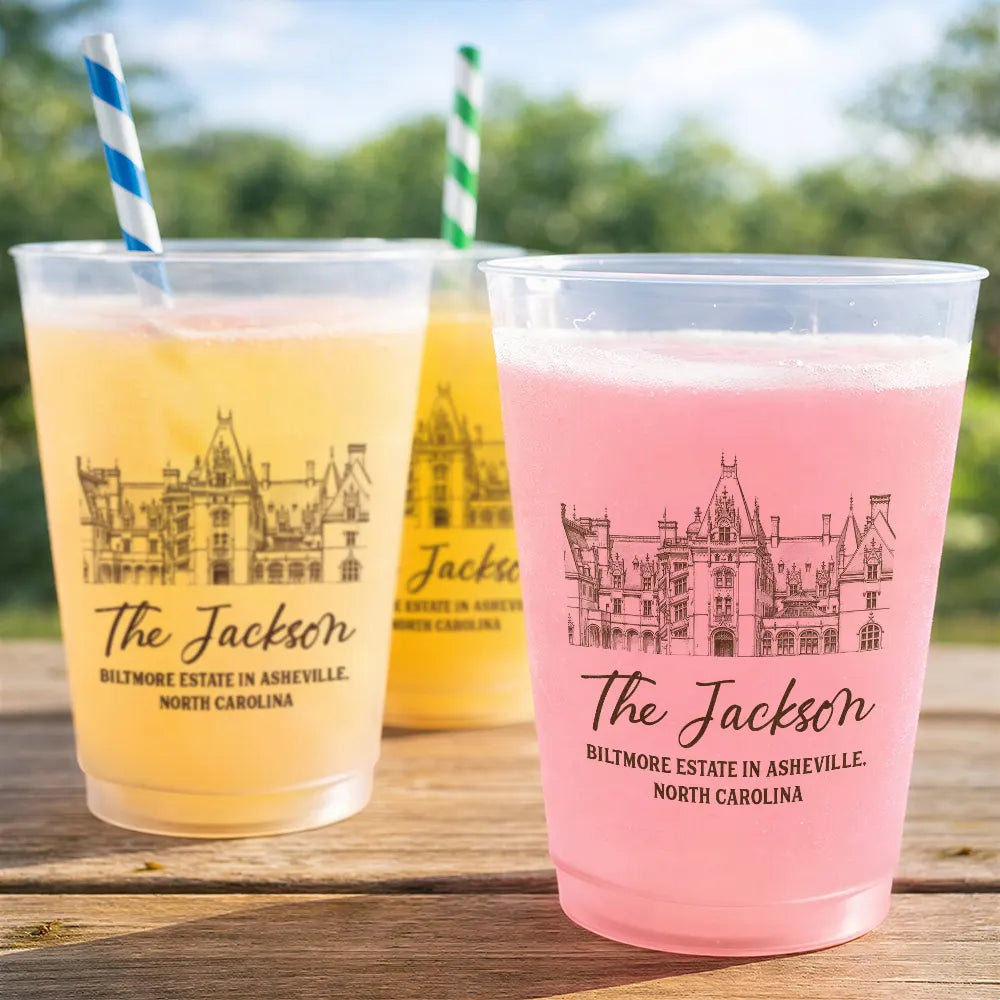 Custom Photo,Art Design,Gift For Couples,Top Market,Wedding,Romantic,Photo - Pencil Sketch - Remove BG - Custom Photo Pencil Sketch Wedding Venue Illustration - Personalized Frosted Cups