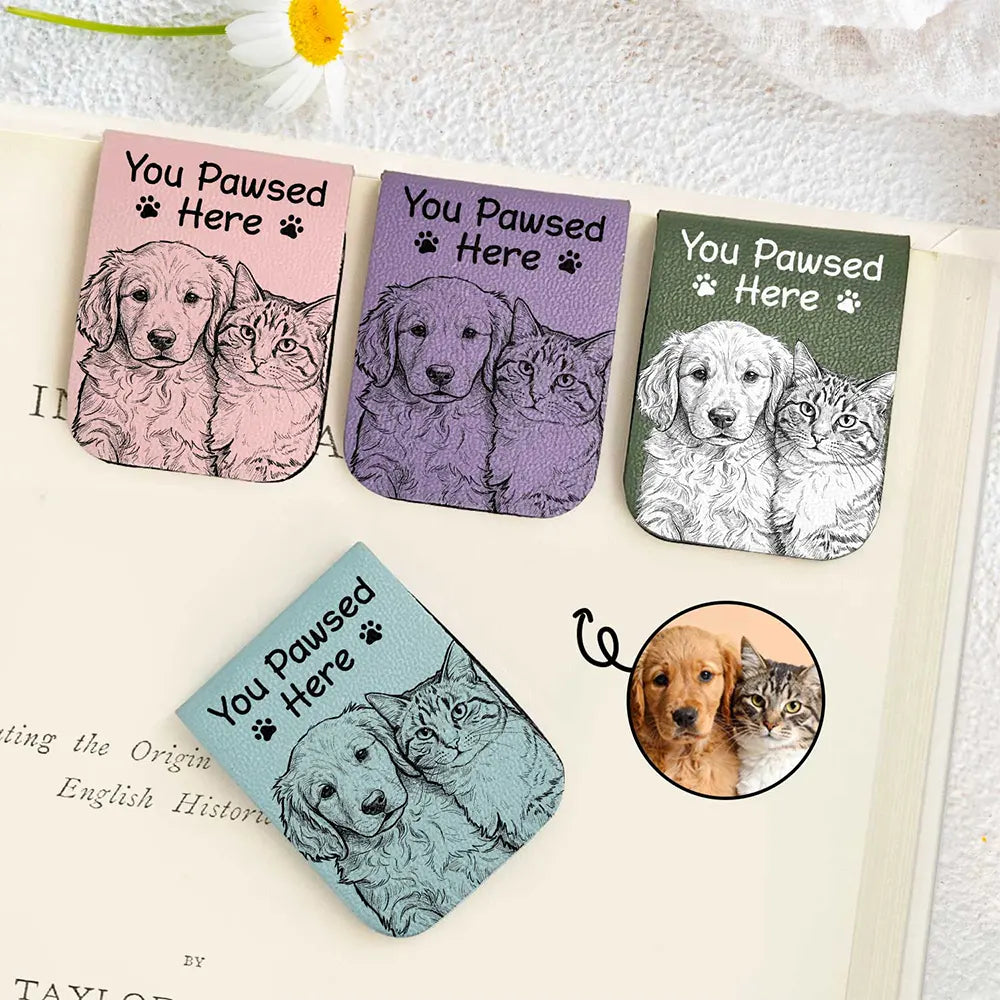 Art Design,Playful,Christmas,Reading,Pet Lovers,Photo - Pencil Sketch - Bold - Custom Photo Bold Sketch You Pawsed Here - Personalized Leather Magnetic Bookmark