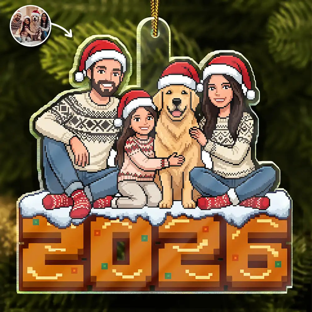 Art Design,Christmas,Cozy,Family,Photo - Pixel Art - Custom Photo Pixel Art Christmas Family - Personalized Custom Shaped Acrylic Ornament