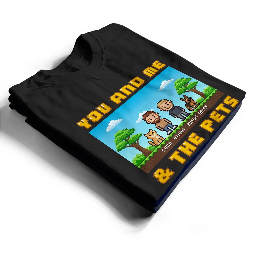 Gift For Couples,Gift For Husband,Gift For Wife,Gift For Boyfriend,Gift For Girlfriend,Pet Lovers,Pet Couple,Dog Lovers,Dog Couple,Cat Lovers,Cat Couple,Love - Custom Photo Pixel Art Standee You Me And The Dog Cat - Personalized T Shirt