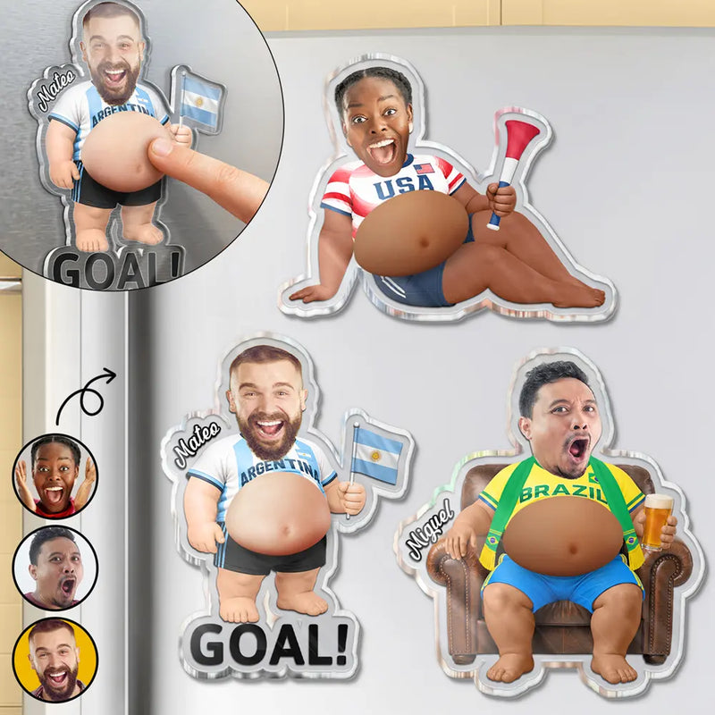 Custom Photo, Football (Soccer), Gift For Yourself, Humorous, Summer Soccer Games, Cut-Face Photo - Custom Photo Poke The Belly For Victory - Personalized Squishy Acrylic Fridge Magnet