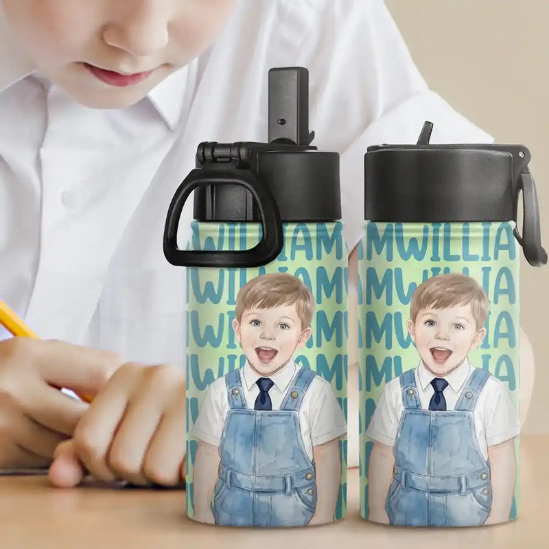 Adorable,Art Design,Back To School,Gift For Kids,Photo - Watercolor - Remove BG - Custom Photo Realistic Watercolor Art Adorable Kid With Name - Personalized Kids Water Bottle