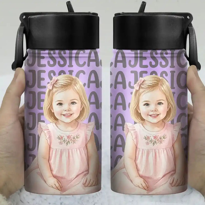 Adorable,Art Design,Back To School,Gift For Kids,Photo - Watercolor - Remove BG - Custom Photo Realistic Watercolor Art Adorable Kid With Name - Personalized Kids Water Bottle