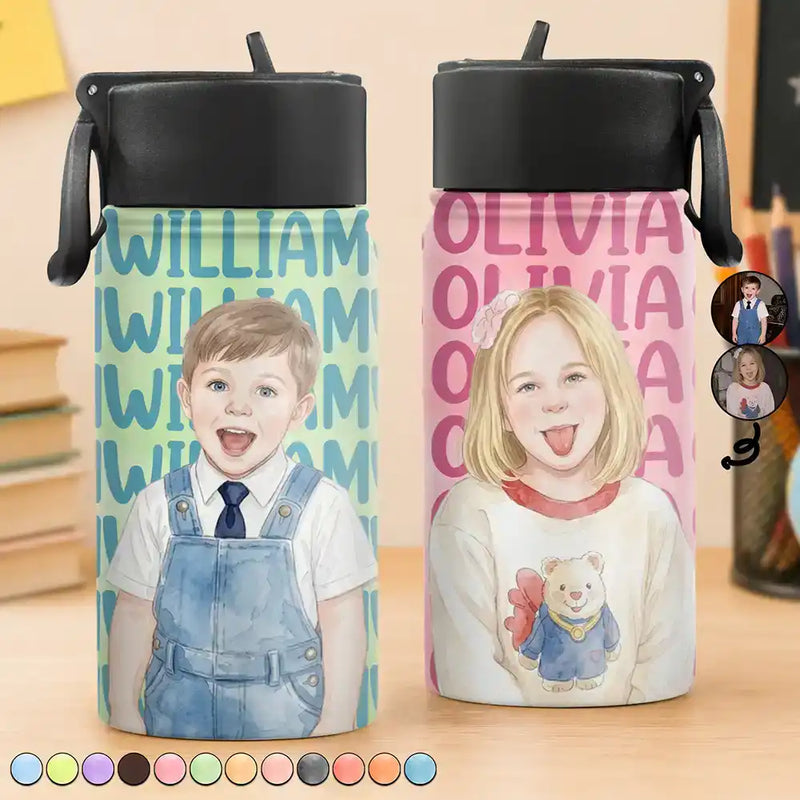 Adorable,Art Design,Back To School,Gift For Kids,Photo - Watercolor - Remove BG - Custom Photo Realistic Watercolor Art Adorable Kid With Name - Personalized Kids Water Bottle