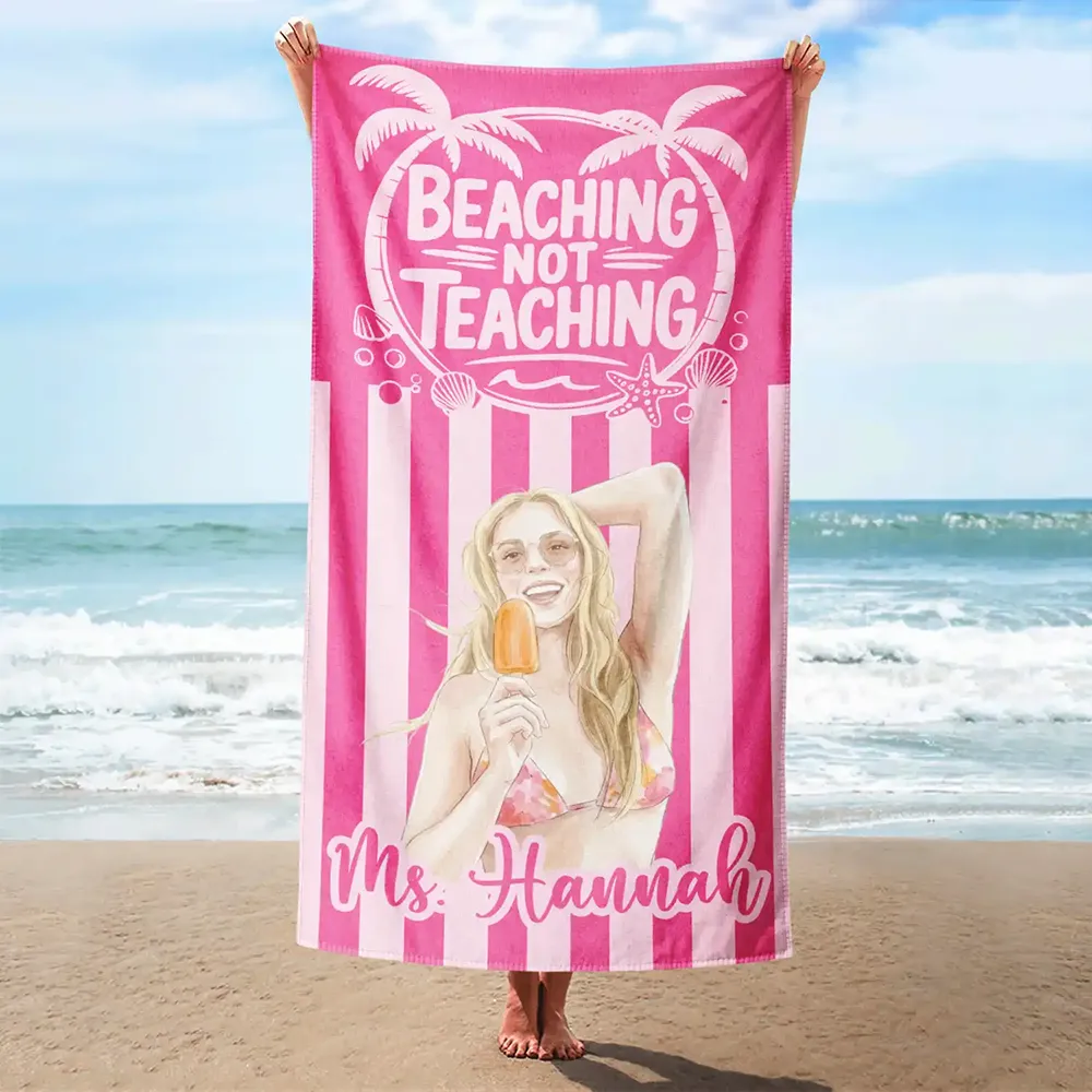 Custom Photo, Art Design, Summer, Teacher, Playful, Photo - Watercolor - Remove BG - Custom Photo Realistic Watercolor Art Beaching Not Teaching Vibrant Stripes Color - Personalized Beach Towel