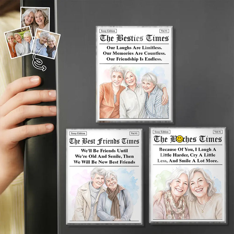 Art Design,Gift For Bestie,Humorous,Photo - Watercolor - Remove BG - Custom Photo Realistic Watercolor Art Best Friends Newspaper - Personalized Acrylic Magnet