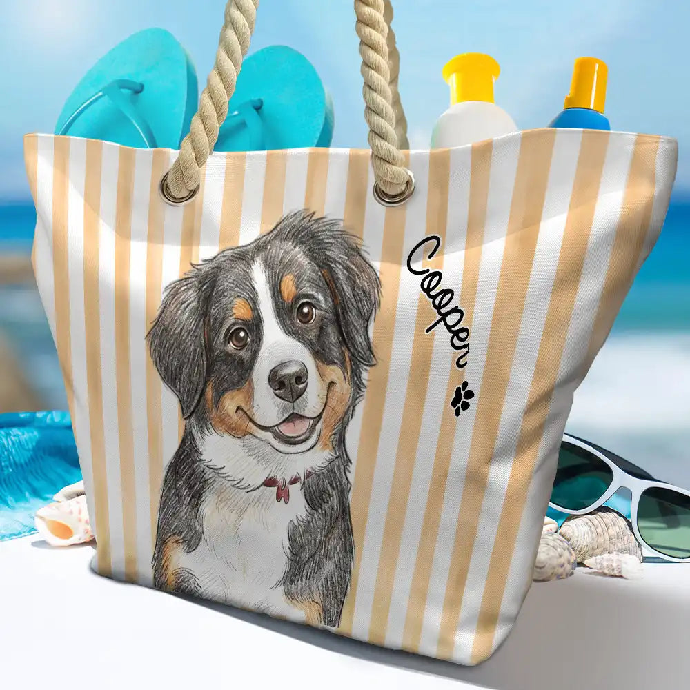 Custom Photo,Beach,Art Design,Summer,Pet Lovers,Adorable,Photo - Watercolor - Remove BG - Custom Photo Realistic Watercolor Art Cute Dog Cat Stripe Pattern - Personalized Beach Bag