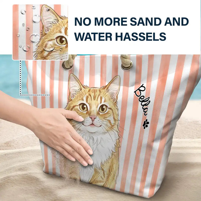 Custom Photo,Beach,Art Design,Summer,Pet Lovers,Adorable,Photo - Watercolor - Remove BG - Custom Photo Realistic Watercolor Art Cute Dog Cat Stripe Pattern - Personalized Beach Bag