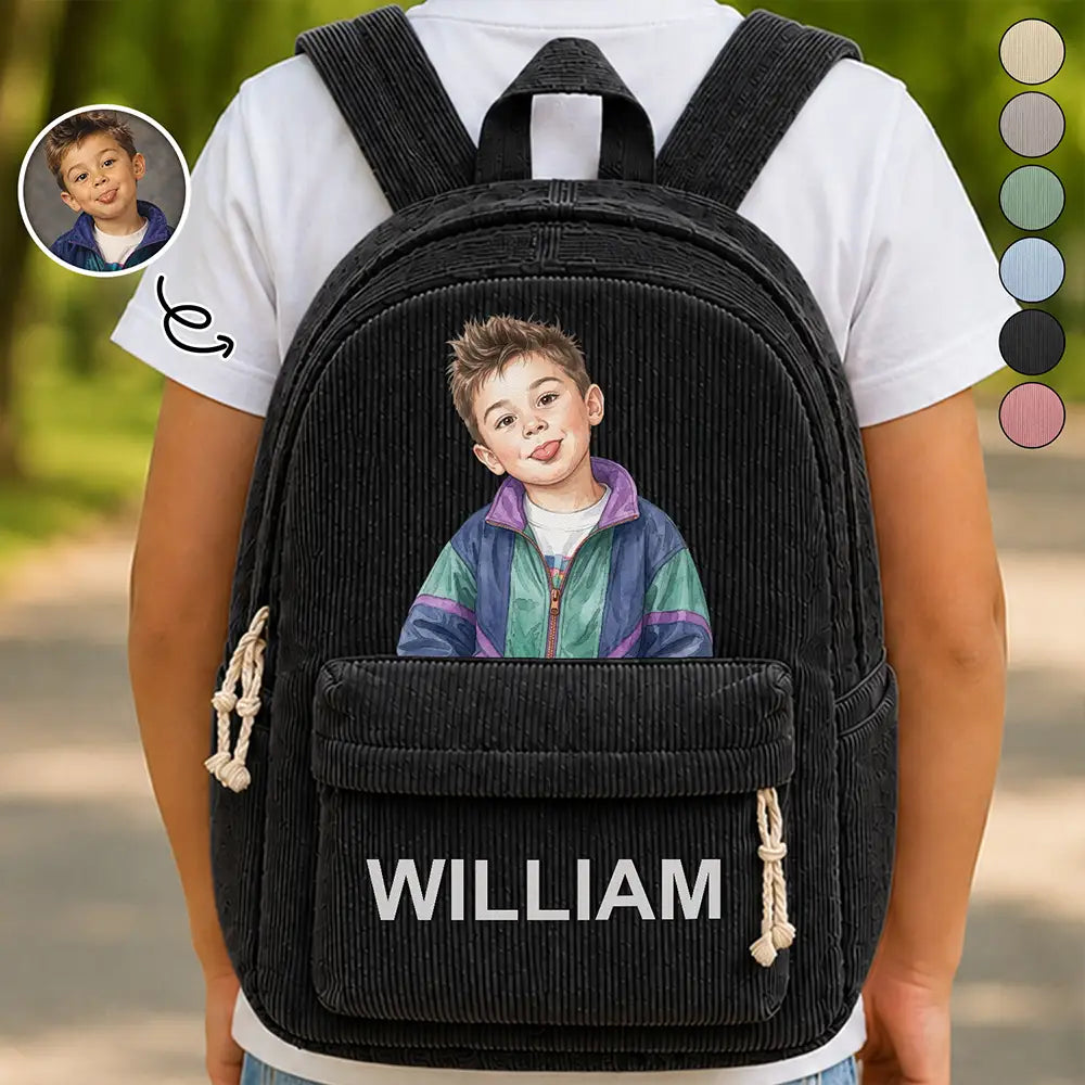 Custom Photo Realistic Watercolor Art Cute Kid Ready For School - Personalized Corduroy Backpack