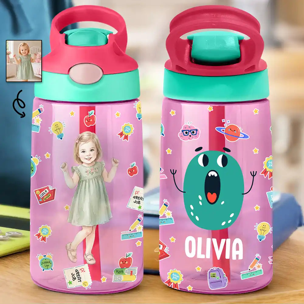 Adorable,Art Design,Back To School,Gift For Kids,Photo - Watercolor - Remove BG - Custom Photo Realistic Watercolor Art Cute Kid With Funny Letter - Personalized Kids Water Bottle With Straw