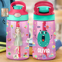 Adorable,Art Design,Back To School,Gift For Kids,Photo - Watercolor - Remove BG - Custom Photo Realistic Watercolor Art Cute Kid With Funny Letter - Personalized Kids Water Bottle With Straw