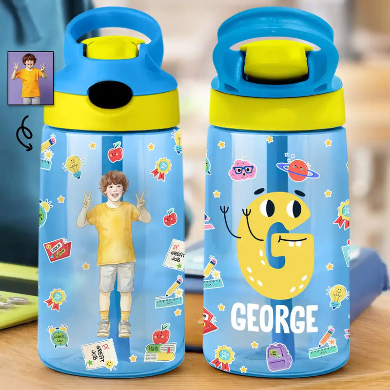 Adorable,Art Design,Back To School,Gift For Kids,Photo - Watercolor - Remove BG - Custom Photo Realistic Watercolor Art Cute Kid With Funny Letter - Personalized Kids Water Bottle With Straw