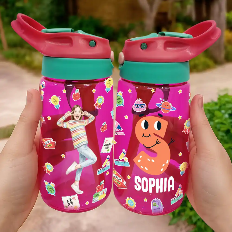Adorable,Art Design,Back To School,Gift For Kids,Photo - Watercolor - Remove BG - Custom Photo Realistic Watercolor Art Cute Kid With Funny Letter - Personalized Kids Water Bottle With Straw