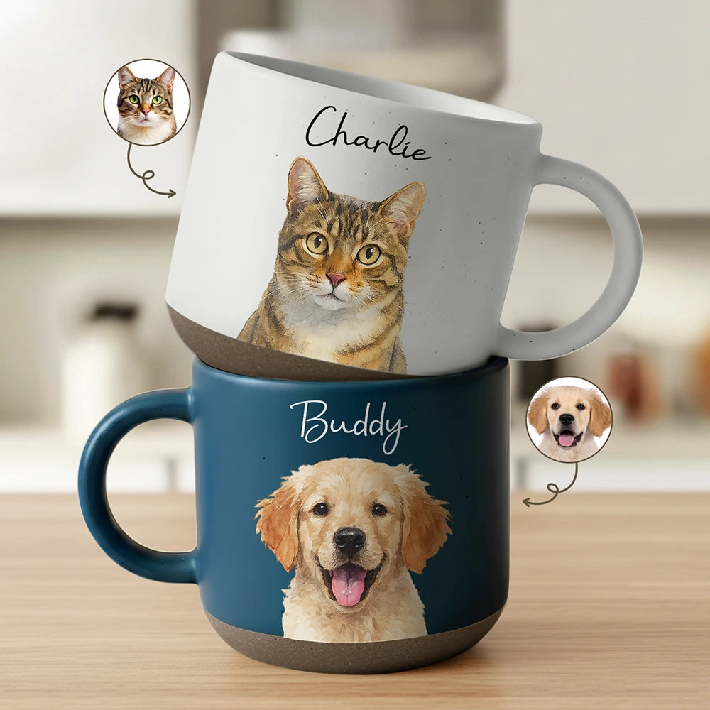 Happy,Gift For Couples,Parents,Gift For Grandparents,Gift For Bestie,Cat Lovers,Pet Lovers,Dog Lovers - Custom Photo Realistic Watercolor Art Dog Cat Couple Bestie Family - Personalized Pottery Mug