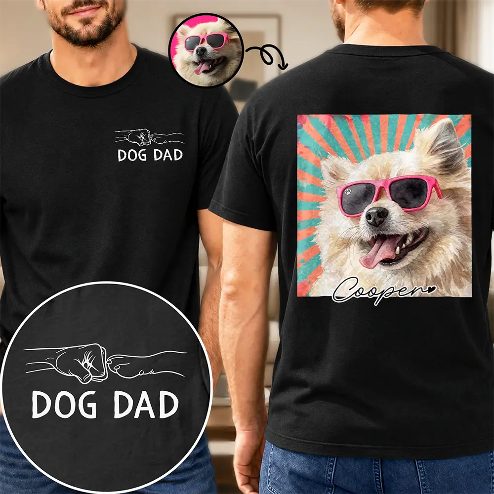 Dog Dad,Pet Lovers,Gift For Father,Custom Photo,Art Design,Adorable,Photo - Watercolor - Remove BG,Icon - Custom Photo Realistic Watercolor Art Dog Cat Dad Mom Pet Lover Hand Punch - Personalized T Shirt