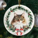 Art Design,Christmas,Cozy,Pet Lovers,Photo - Watercolor - Remove BG - Custom Photo Realistic Watercolor Art Dog Cat Pet Holiday Wreath - Personalized Circle Ceramic Ornament