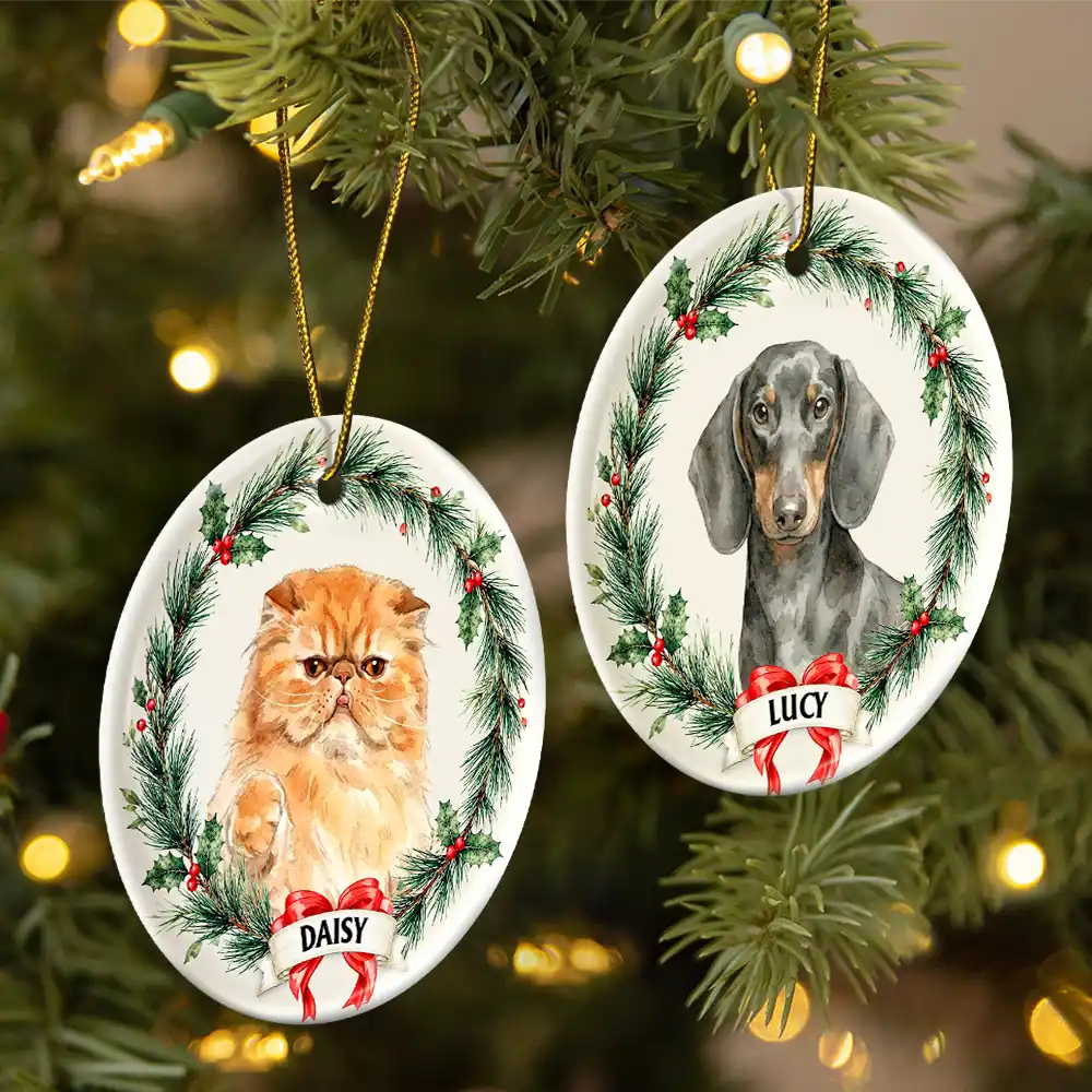 Art Design,Christmas,Cozy,Pet Lovers,Photo - Watercolor - Remove BG - Custom Photo Realistic Watercolor Art Dog Cat Pet Holiday Wreath - Personalized Circle Ceramic Ornament