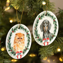 Art Design,Christmas,Cozy,Pet Lovers,Photo - Watercolor - Remove BG - Custom Photo Realistic Watercolor Art Dog Cat Pet Holiday Wreath - Personalized Circle Ceramic Ornament
