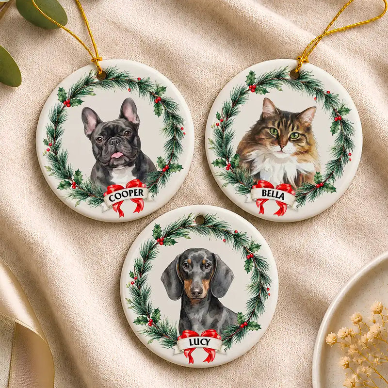 Art Design,Christmas,Cozy,Pet Lovers,Photo - Watercolor - Remove BG - Custom Photo Realistic Watercolor Art Dog Cat Pet Holiday Wreath - Personalized Circle Ceramic Ornament