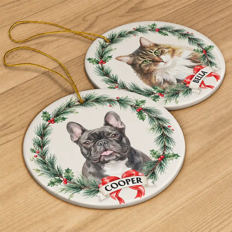 Art Design,Christmas,Cozy,Pet Lovers,Photo - Watercolor - Remove BG - Custom Photo Realistic Watercolor Art Dog Cat Pet Holiday Wreath - Personalized Circle Ceramic Ornament