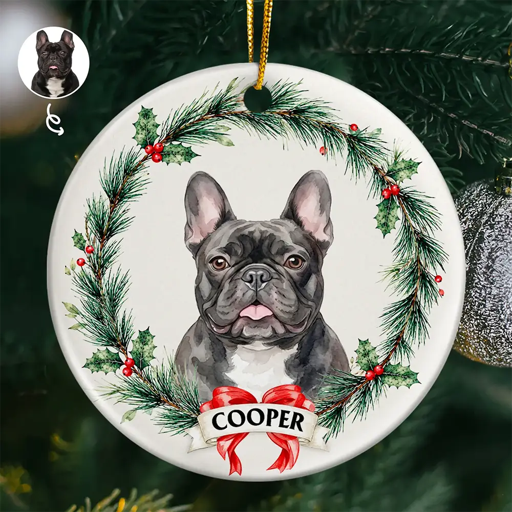Art Design,Christmas,Cozy,Pet Lovers,Photo - Watercolor - Remove BG - Custom Photo Realistic Watercolor Art Dog Cat Pet Holiday Wreath - Personalized Circle Ceramic Ornament