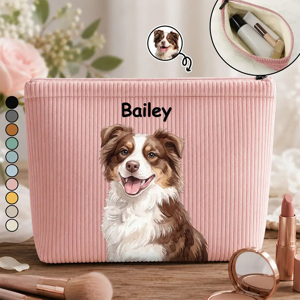 Custom Photo Realistic Watercolor Art Dog Cat Portrait - Personalized Corduroy Makeup Bag