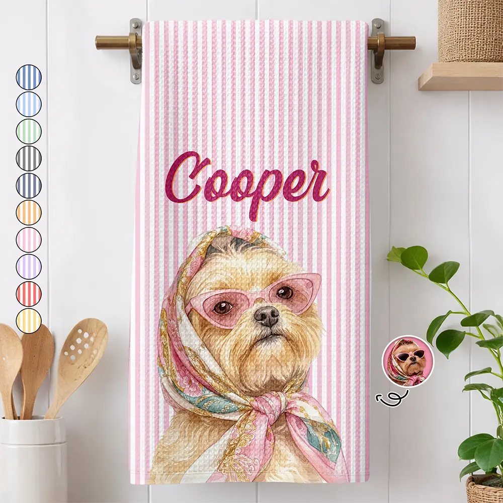 Art Design,Pet Lovers,Photo - Watercolor - Remove BG,Happy - Custom Photo Realistic Watercolor Art Dog Cat Slay Portrait Striped Pattern - Personalized Kitchen Towel