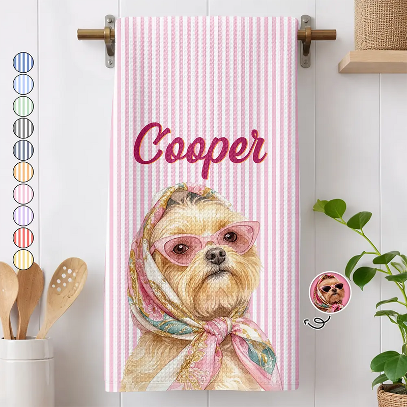 Art Design,Pet Lovers,Photo - Watercolor - Remove BG,Happy - Custom Photo Realistic Watercolor Art Dog Cat Slay Portrait Striped Pattern - Personalized Kitchen Towel