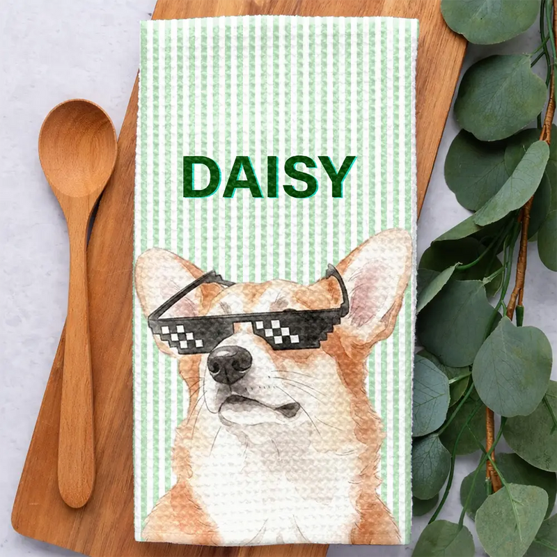 Art Design,Pet Lovers,Photo - Watercolor - Remove BG,Happy - Custom Photo Realistic Watercolor Art Dog Cat Slay Portrait Striped Pattern - Personalized Kitchen Towel